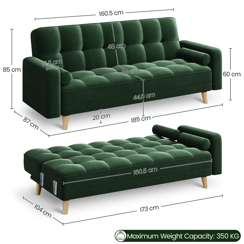 Moda Form 185Cm Square Arms Sofa Bed, Green Velvet