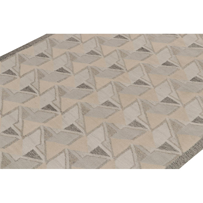 Rug & Kilim’S Scandinavian In Gray, White & Blue Geometric Patterns, Rectangle 10' x 14'