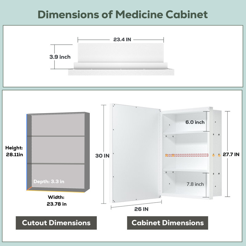 Cyrille Recessed & Surface Framed Medicine Cabinet with Mirror and Shelves, 30" H x 26" W x 5.2" D, White