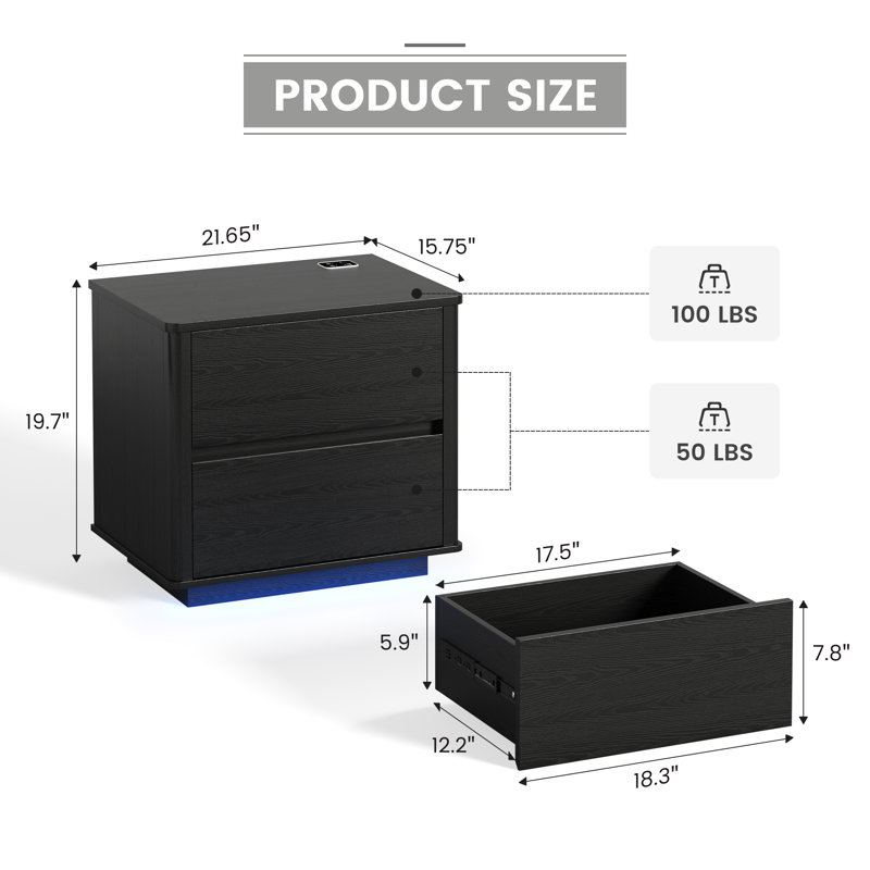 2-Drawer Minimalist Nightstand With 3-Color Sensor Light, Black