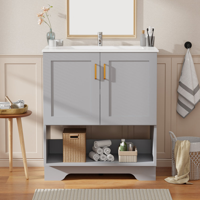 Meuble-lavabo moderne 30 po avec lavabo en céramique - armoire autoportante 2 portes à fermeture douce et 1 tablette ouverte, gris