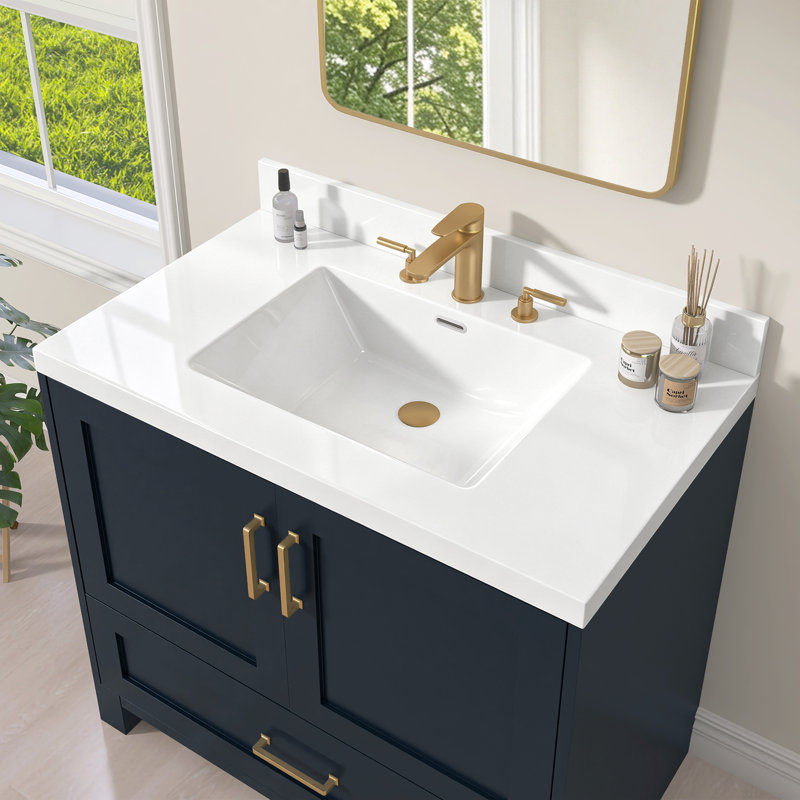36" W x 21" D Solid Surface Bathroom Vanity Top with Integrated Center Single Sink 3.5" Backsplash 8" Widespread 3 Hole Faucet