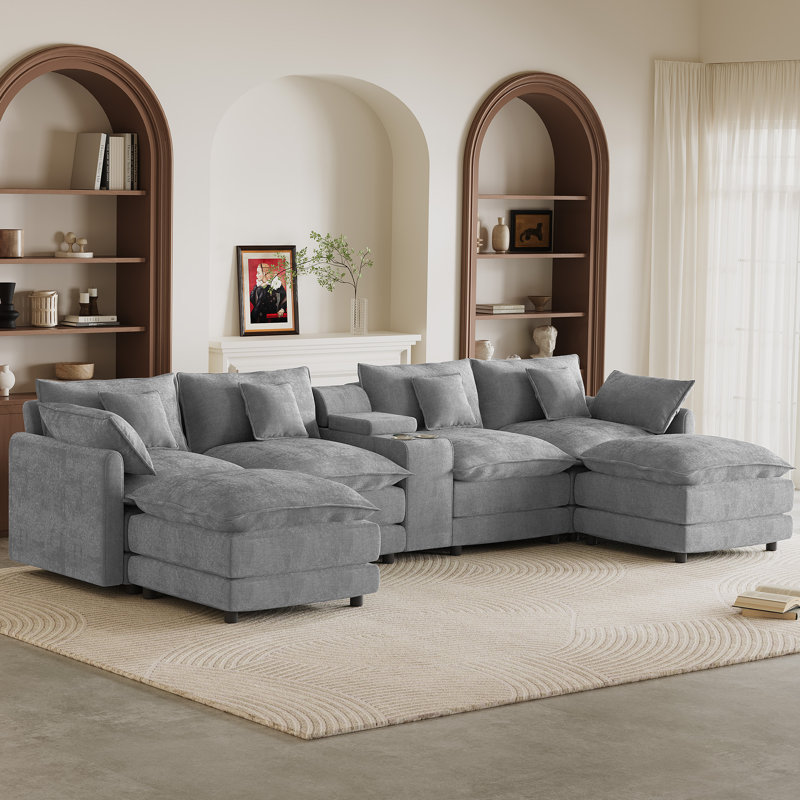 Canapé modulaire en U 145 po avec console et porte-gobelets et ports USB, Gris