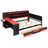 Queen Size Gaming Daybed with Desk & LED Lights, Wooden Bed Frame with 3 Storage Drawers, Charging Station & Headboard Bookcase, Black+Red-1910900737-1910900742