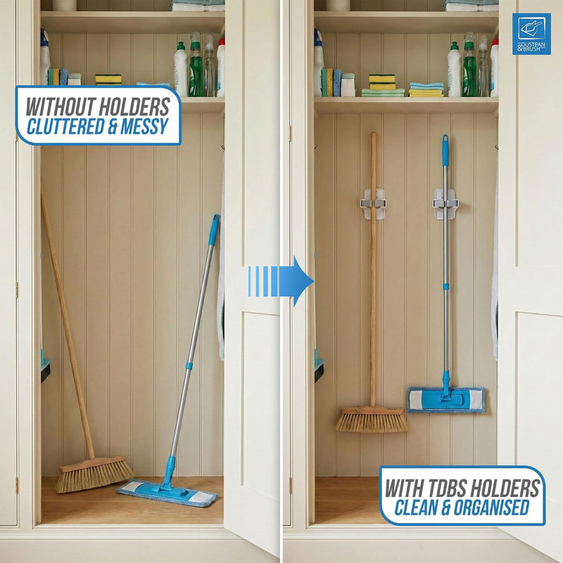Mop & Broom Holder Wall Mounted Grippers 2 Pack Cleaning Tool Storage