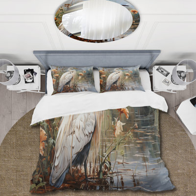 White Peach Heron Herons Haven - Heron Duvet Cover Set - Microfiber Polyester