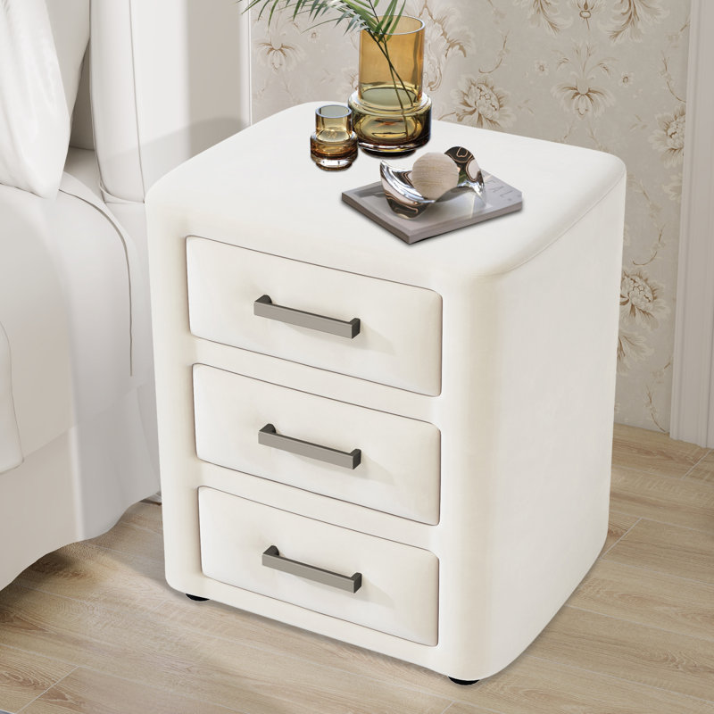 Table de chevet 3 tiroirs en velours, Beige