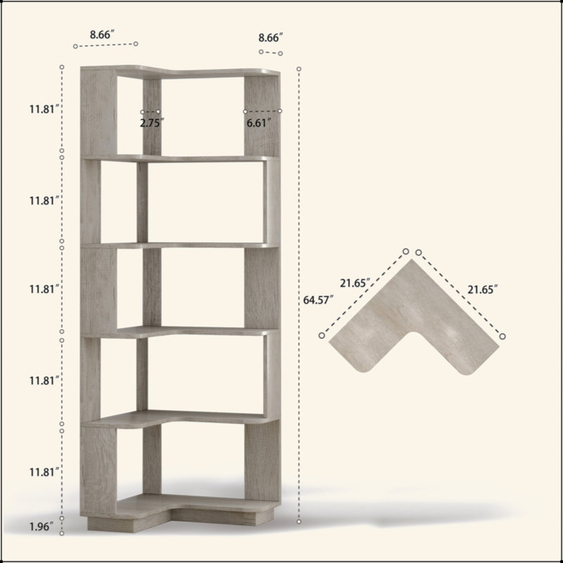 64.6"H 6-Tier L-Shaped Corner Bookshelf – 15mm Thick Wood Grain Particle Board, Anti-Drop Baffle & Anti-Tipping Device for Living Room/Bedroom/Home Office
