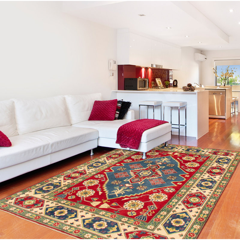 Tapis rouge foncé en laine noué à la main de conception unique 6 pi 6 po x 8 pi 10 po New Age