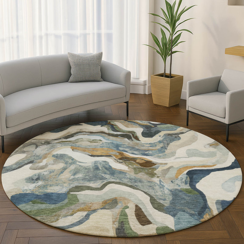 Tapis moderne lavable à la machine de qualité supérieure Mayfield AMF2162, En jean, Rond 8 pi