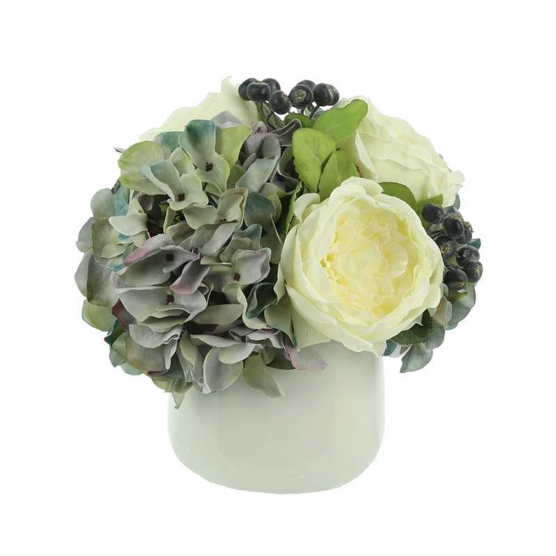 Arrangement floral d'hortensias, de pivoines et de bleuets en pot, H 10 po x l 10 po x P 10 po