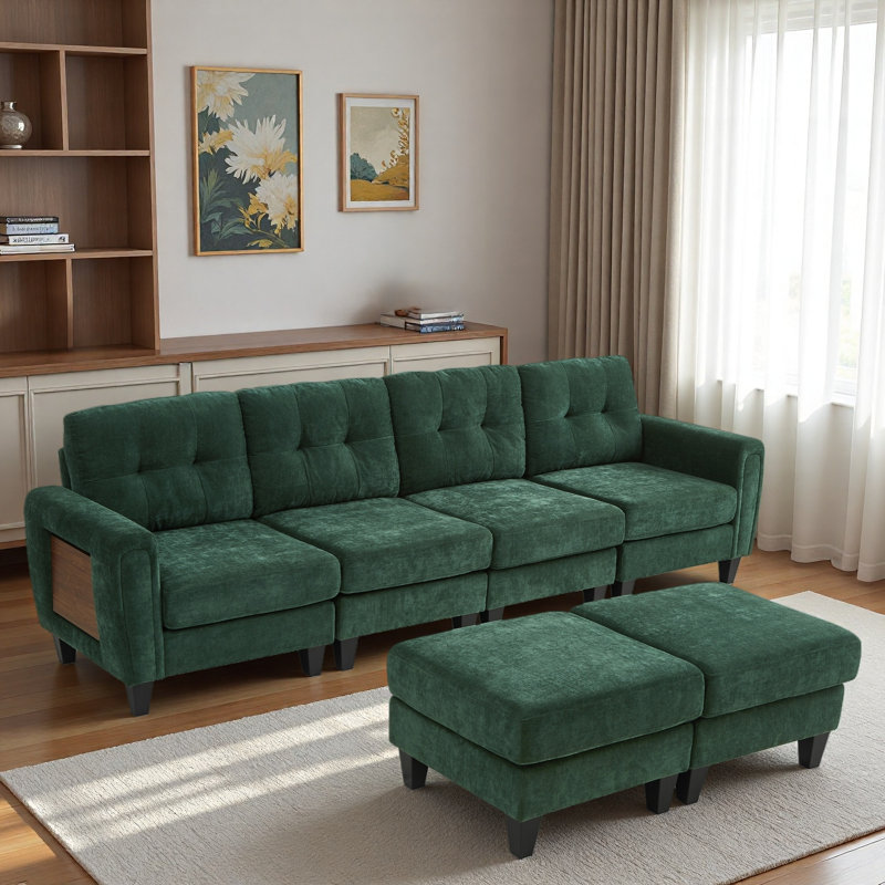 Canapé modulaire moderne avec 2 repose-pieds mobiles, ports USB et tables d'appoint, Vert