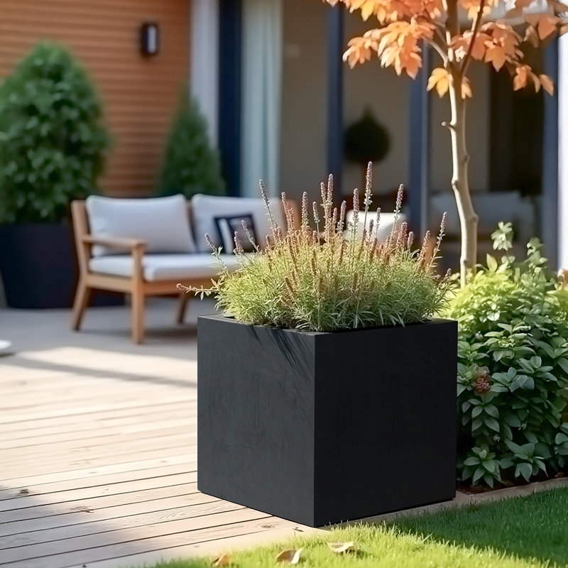 Concrete Effect Square Planter, Frostproof Reinforced Stone Outdoor Plant Pot, Garden Planter Box with Drainage Holes