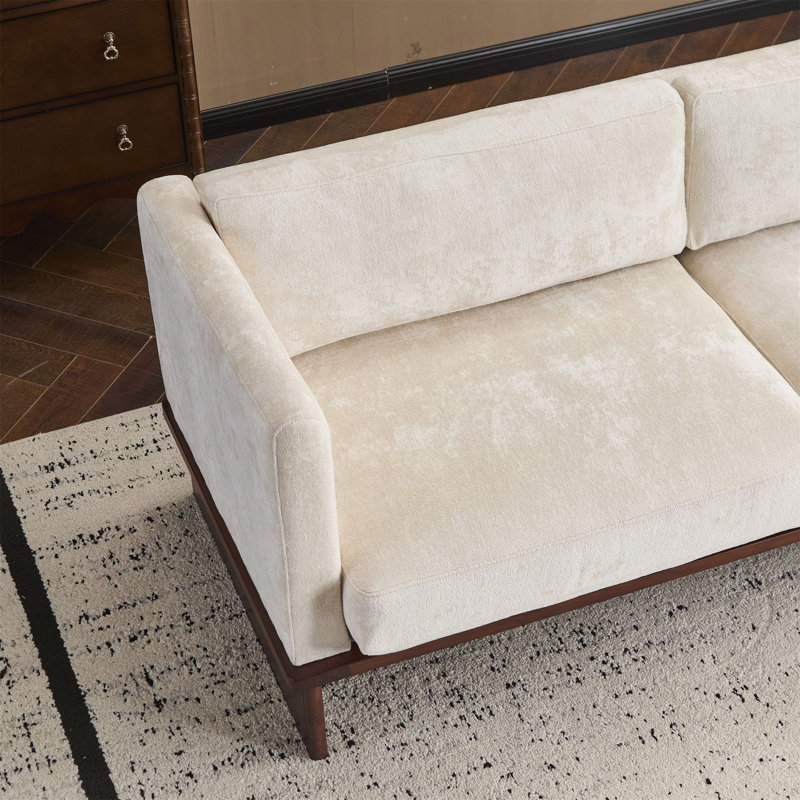 77 po Canapé rembourré carré à 3 places avec accoudoirs et base en bois massif, Beige