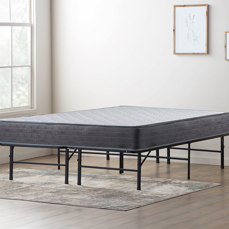 Huckle 9" Motion Isolating Innerspring Medium Firm Hybrid Mattress w/ 14" Metal Platform Bed, Queen