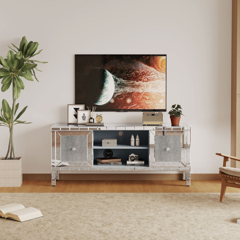Meuble télé en miroir avec 2 armoires de rangement, étagères ouvertes, tablettes réglables et système de gestion des câbles