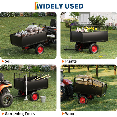 Remorque de jardin robuste en acier - 17 pi³, capacité de 750 lb - Remorque utilitaire à tracter - Côtés amovibles, pneus tout-terrain - Idéale pour tondeuse à gazon, tracteur, VTT, VUTT - Châssis en tôle, ridelles et moyeu rouges