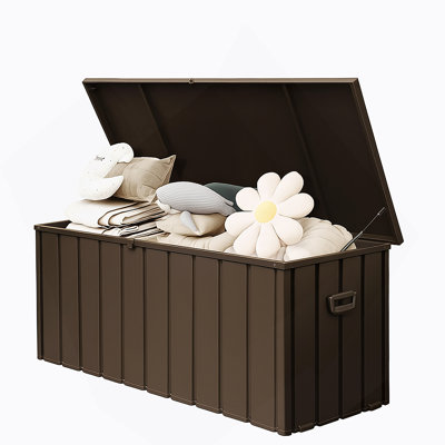 190 Gallon Metal Deck Box, Waterproof Steel Outdoor Box, Large Patio Furniture Storage Cabinet, Lockable Storage Bench For Porch Package Delivery, Pillows, Cushions, Pool, Tools, Backyard, Brown