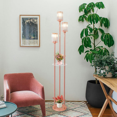 Lampe sur pied pour le salon, lampe sur pied en cristal avec tablettes, lampe d'angle moderne avec interrupteur marche / arrêt, lampe haute unique (rose)