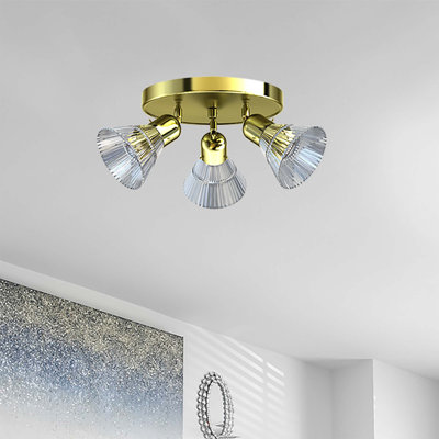 3-Light Indoor Polished Brass Flush Mount with Adjustable Spotlights and Clear Ribbed Glass Shades