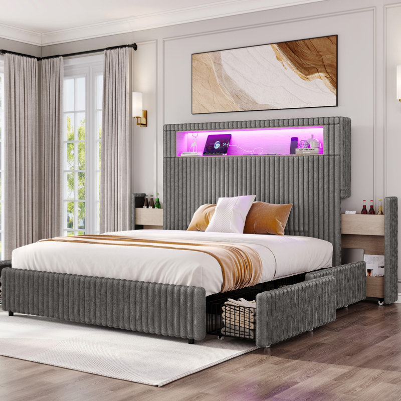 Smart Upholstered Bed Frame, Gray, King