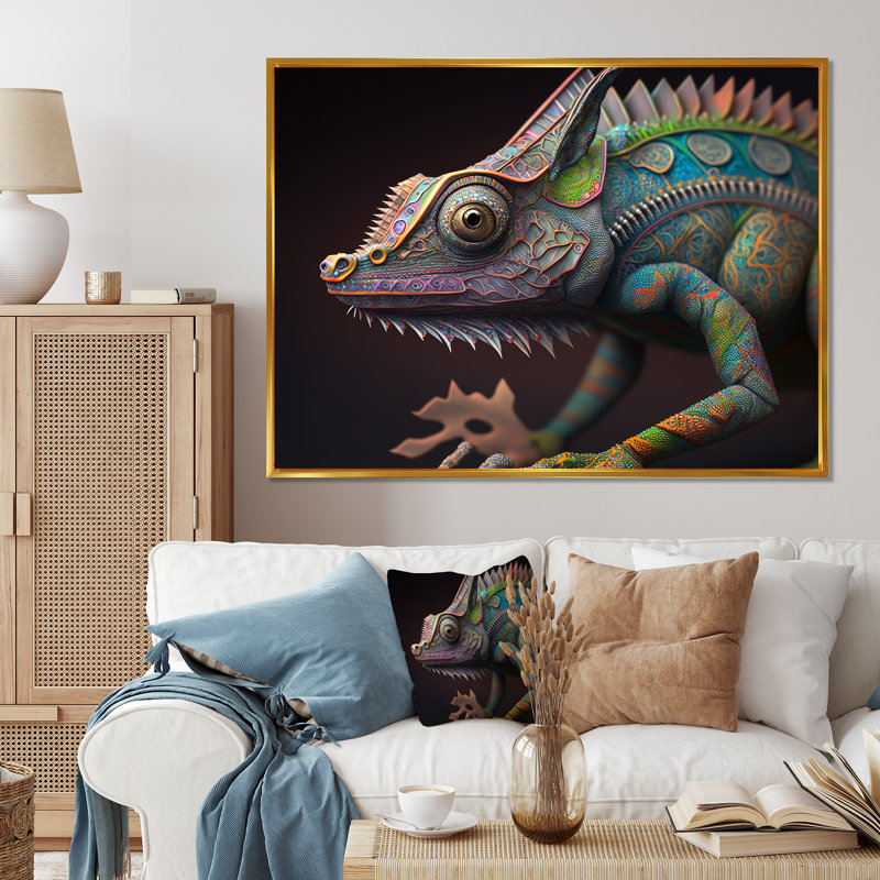 «Drita Gros plan sur Caméléon coloré IV», reproduction sur toile, H 34 po x l 44 po x P 1,5 po, Toile avec cadre flottant or