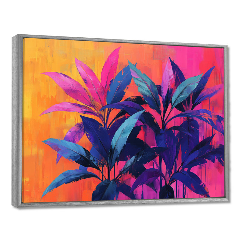 Décoration murale électrique Jungle électrique en couleurs néon Pop Art II - Plantes, 16" H x 32" W, Encadrement argenté