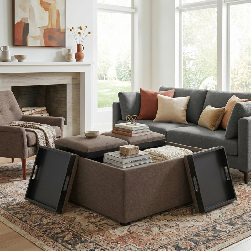 Repose-pieds de rangement pour table basse moderne en tissu d'aspect lin de 35 po avec 4 plateaux rabattables Avalon