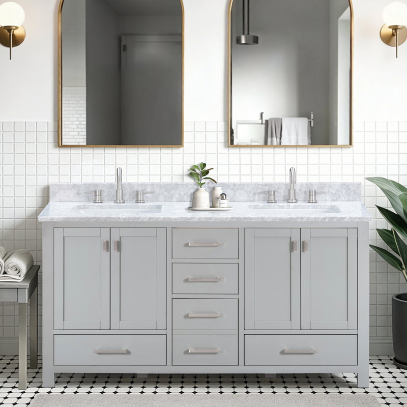 Meuble-lavabo double 60 po avec plateau Souther, Gris givré, Cala White Engineered Stone