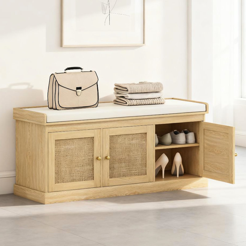 Banc de chambre à coucher avec portes tressées et housse de coussin amovible, Cream/White Oak