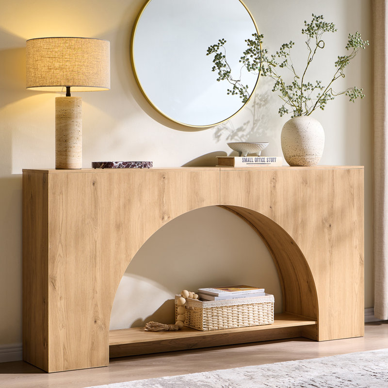 Console 63 po en bois arqué avec base arquée, table d'entrée moderne à 2 niveaux, canapé long en bois, Naturel
