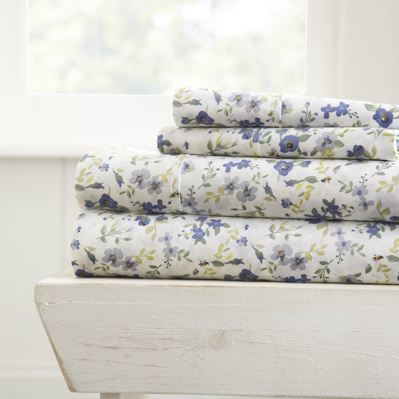 Light Blue Floral Microfiber Full Bed Sheet Set
