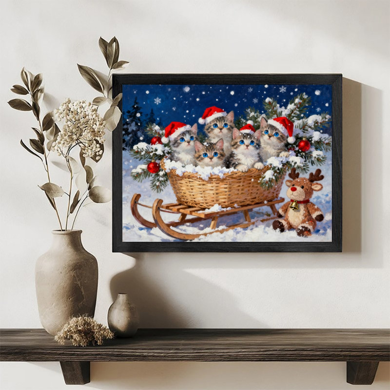 «Merry Christmas», art mural rétro noir, cinq chats de Noël, impressions de style rétro, H 9 po x l 11 po
