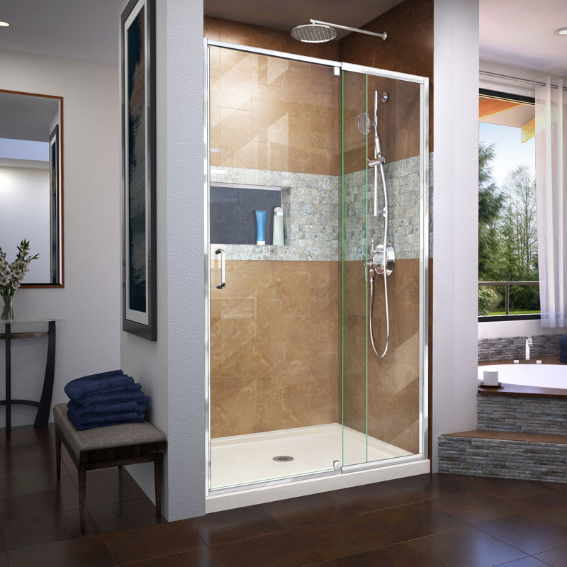 Flex Semi-Frameless Shower Door 48" x 74.75" Rectangle Pivot Shower Enclosure with Base Included, Chrome/Biscuit