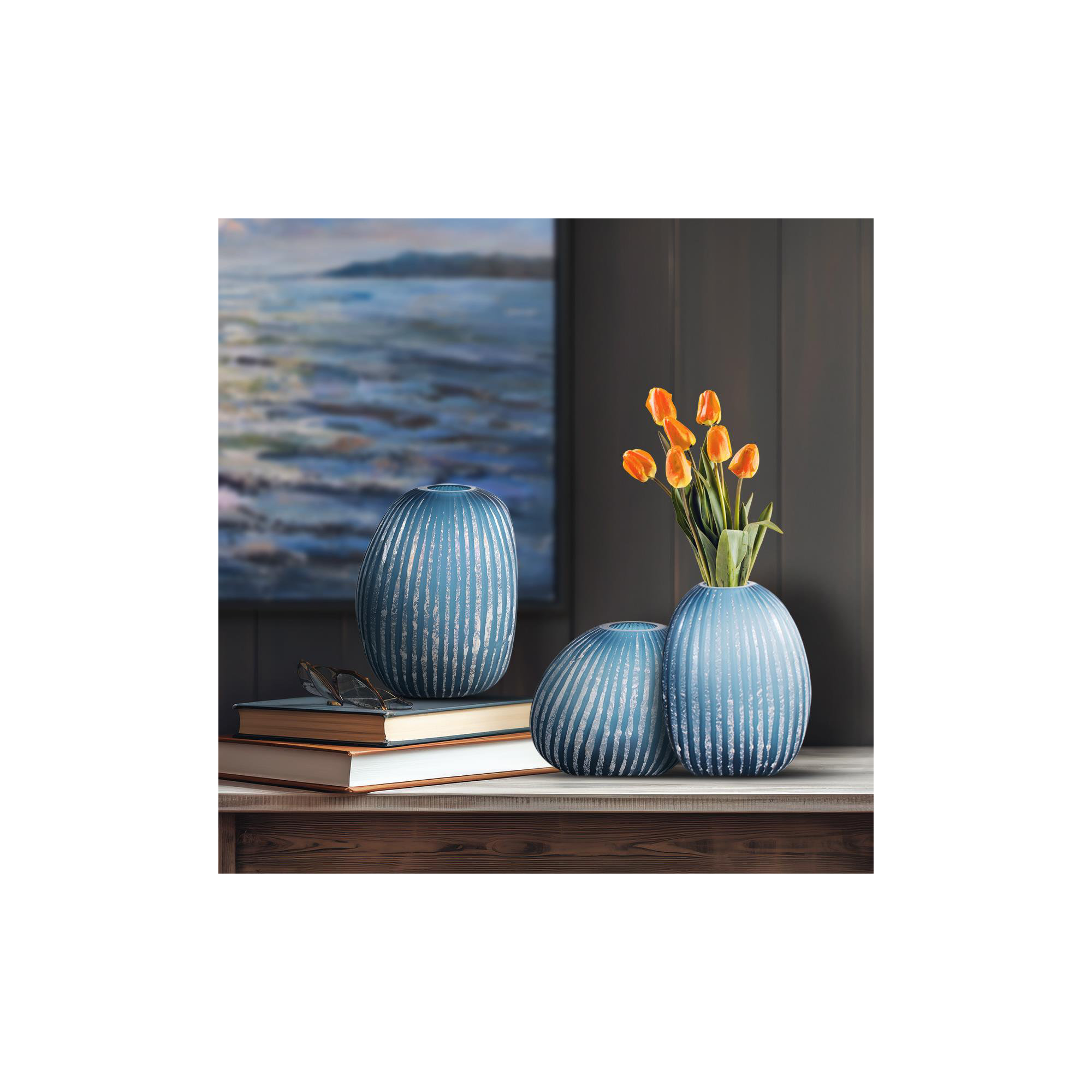 Yale Blue Asymmetrical Glass Vase- Large, 7.5" H x 8.75" W x 6.75" D