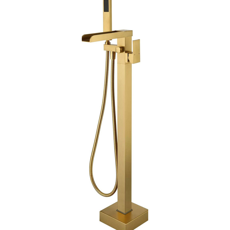 Bathroom Waterfall Tub Filler - Floor Mounted, Brushed Gold, With Lever Handle And Versatile Hand Shower Stylish Gold Mount Spout