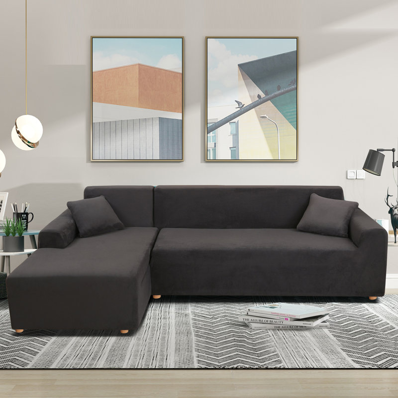 Thick Velvet L-Shaped Sofa Cover - Sectional Sofa Cover With 2 Throw Pillow Covers, Dark Grey