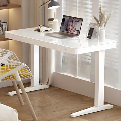 55.12"White Tempered Glass Electric Standing Desk
