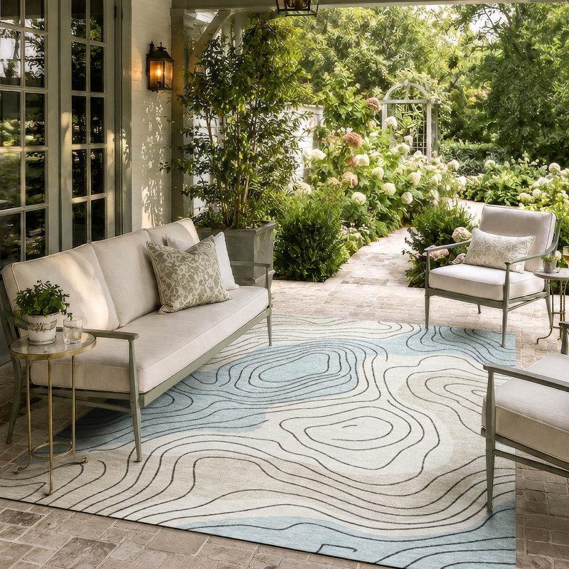 Tapis Chantille ACN3016 Spirales, lavable à la machine, pour intérieur et extérieur, Ciel, 5 pi x 7 pi 6 po