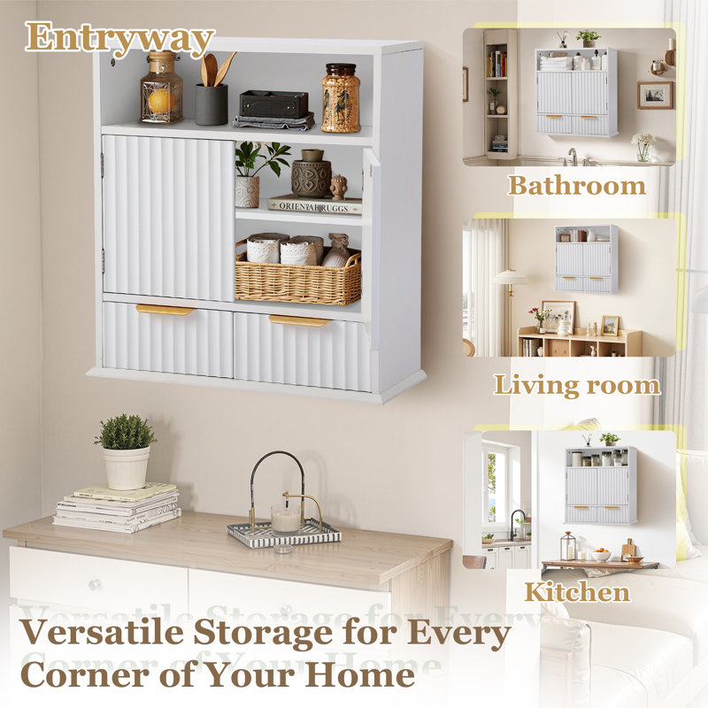 Armoire de salle de bain murale avec tablette réglable et tiroirs - Armoire de rangement moderne en MDF avec rayures verticales et poignées en métal