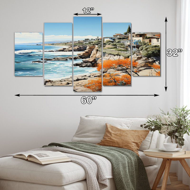 «Espagne Azure Coastline Village III», reproduction d'art sur toile nautique et plage - 5 panneaux