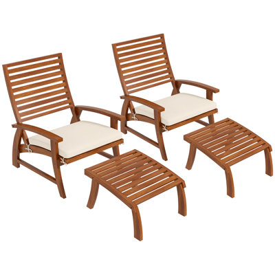 Outsunny 4 Pieces Patio Chairs With Cushion, Outdoor Dining Chairs Set Of 4, Acacia Wood Seat With Footstools, Slatted Seat & Backrest, Armrests, Crea -  Red Barrel StudioÂ®, 8327E38C0A4E4B078F26157435E6FF9C