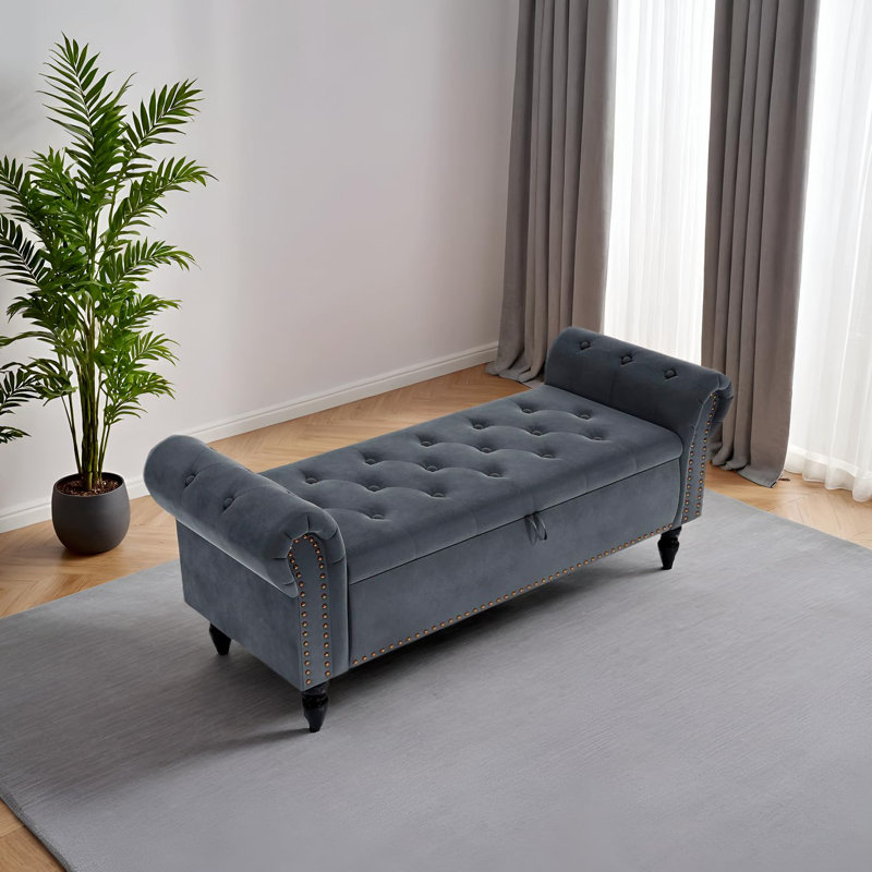 Velvet Upholstered Storage Bench, Grey