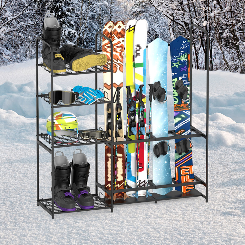 Support de rangement multifonctionnel pour skis et planches à neige - Organisateur autoportant à 4 niveaux pour équipement, bottes et accessoires de sports d'hiver