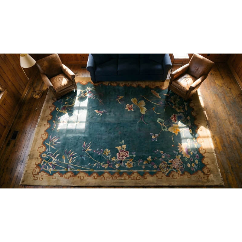 Rectangle Knotted Chinese - Art Deco Room Size Antique Wool Blue 1920s Rug