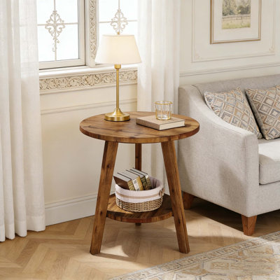 Farmhouse Solid Wood Round End Table with Storage Shelf