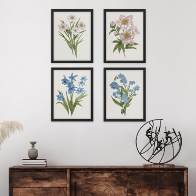 «Daisy Magnolia Floral», ensemble de 4 impressions murales bleues et roses vives encadrées sur papier, impression de 4 pièces