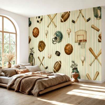 Papier peint adhésif peler et coller Vintage Sports Football Basketball Baseball Hockey Auto-adhésif amovible Papier contact mural Décoration pour le salon Chambre à coucher H 69 po x l 96 po