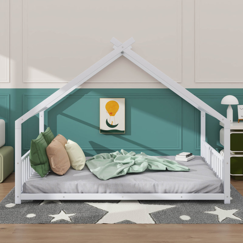 Charmant lit à cadre en métal en forme de maison, Lit double, Blanc
