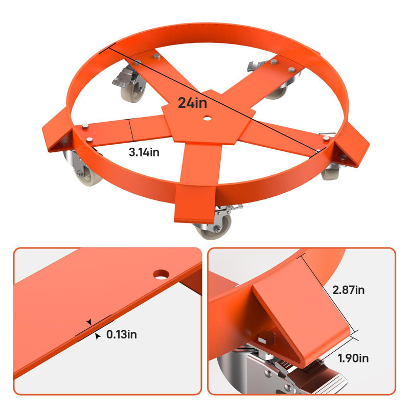 Chariot à roulettes 55 gallons, capacité 1000Lbs, H 6,69 po x l 25,2 po x P 25,2 po, Rouge